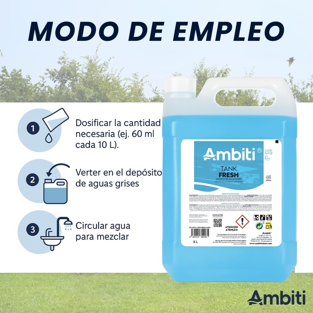 Ambiti | Tank Fresh | Aditivo para Depósito Aguas Grises | Elimina Olores y Sedimentos en Duchas, Fregaderos y Desagües de Autocaravanas y Campers | Fragancia Piña Colada (5L)