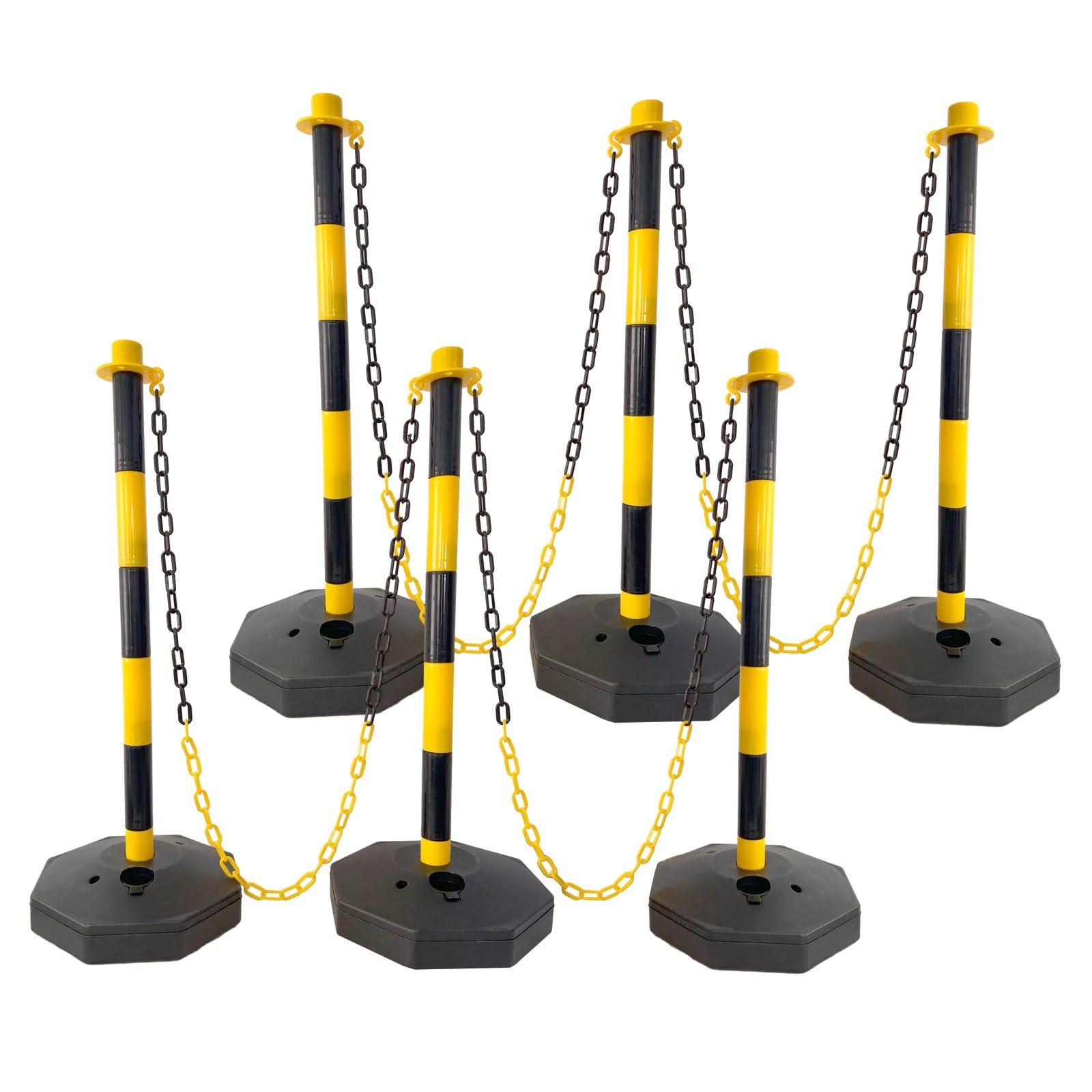 FRITHJILL 6 Pack Plastic Traffic Delineator Post with 5 FT Chains, Traffic Safety Delineator Cones with Fillable Base, Crowd Control Stanchion Set, Yellow