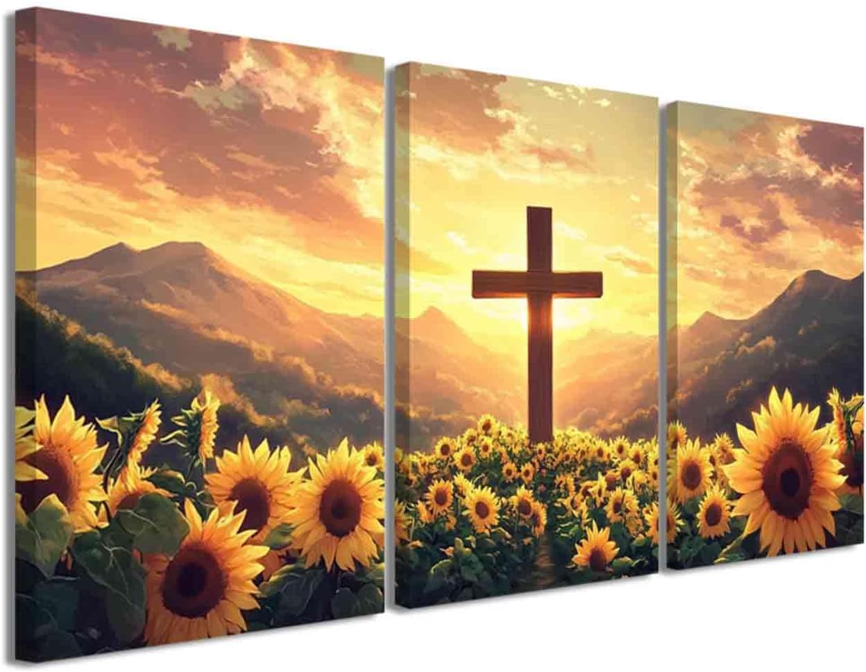 LZIMU 3 Pieces Sunflower Wall Art Rustic Kitchen Decor Christian Cross Pictures Yellow Flower Canvas Prints Religious Painting Sunset Natural Scenery Poster Framed (11x14inchx3 Pieces)