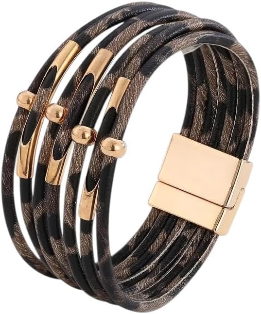 New 2026 Leopard Leather Bracelet Jewelry Fashion Women Metal Tube Ladies Wide Multilayer Wrap Bracelets &-Stylish Bangle Jewelry, Great For Party Or Daily Wear Perfect For Gift For Special Occasions