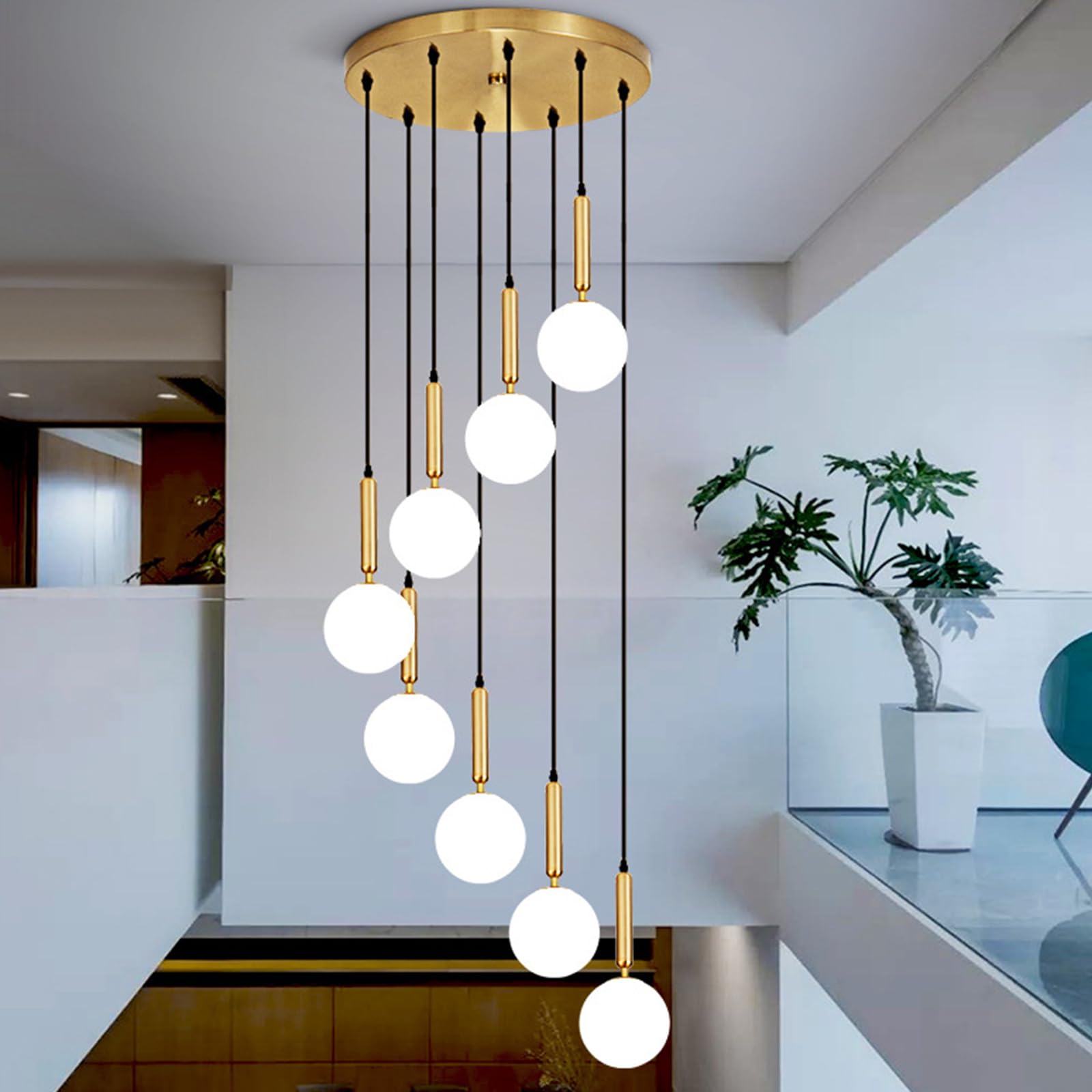 SXECAEPS 8 Glass Ball LED Chandelier, Staircase Pendant Light, 56W Creative Long Hanging Lights, Adjustable Length Chandeliers, Modern Ceiling Lights in The Villa, Stairwells and Living Roo