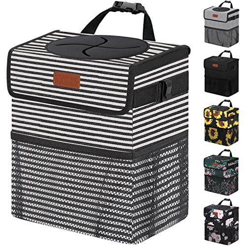 Image of Vankor Car Trash Can with Lid , 100% Leak-Proof Vehicle Trash Can Hanging Car Garbage Can for Back Seat Multipurpose Car Trash Bag Stripe