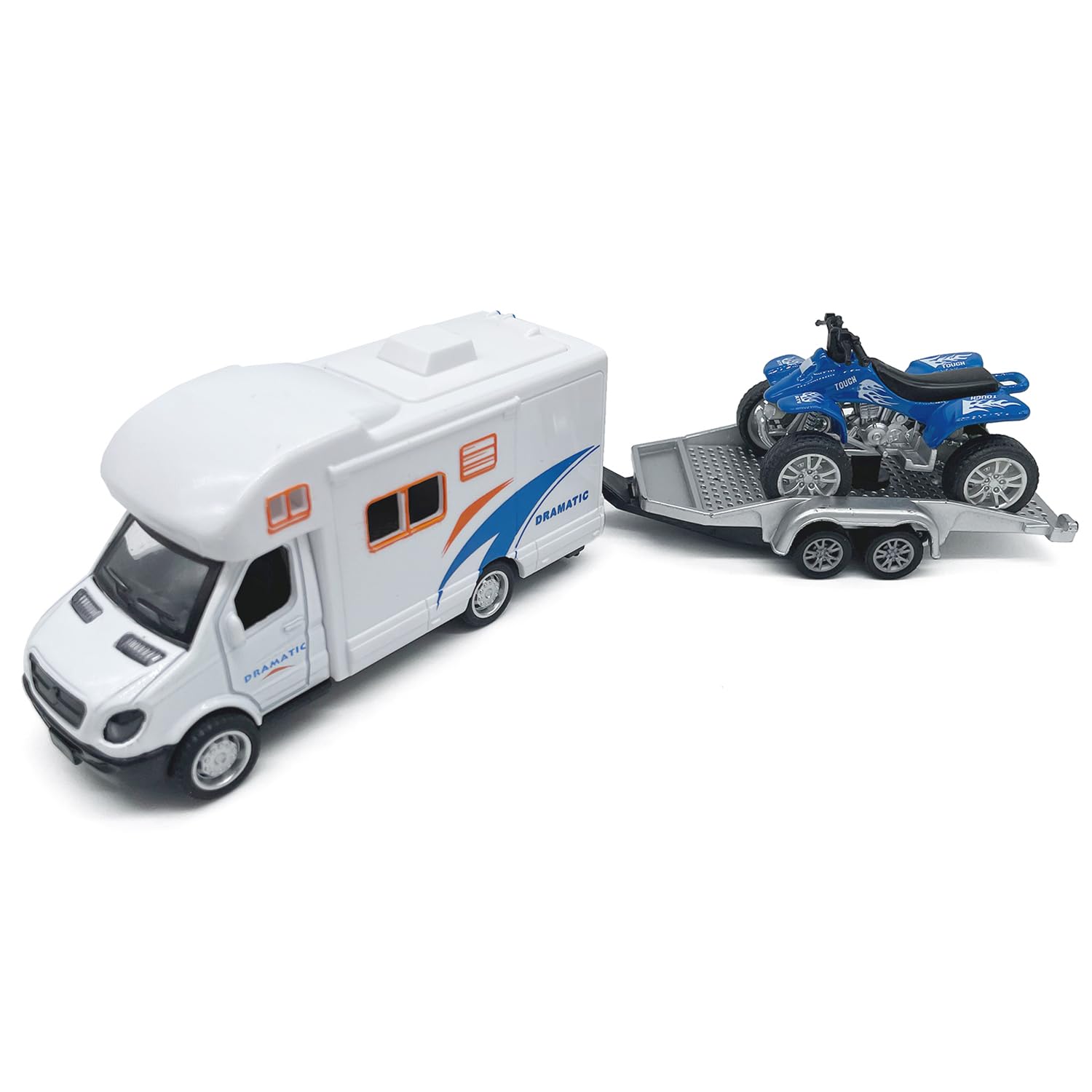 VIIGER Motorhome RV Camper Toy Trailer Towing Blue ATV Model Diecast Toys for Boys Pull Back Toy Vehicle, Sandbox Outdoor Adventure Play Set, 3 4 5 6 Years Old Kids Toddlers Gifts, Cake Topper, white