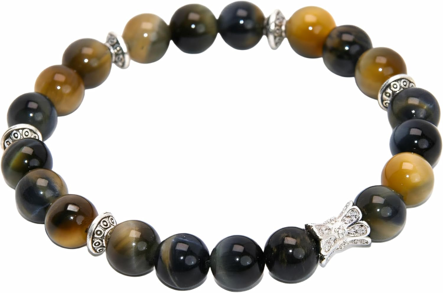 Tiger Eye Stone Beaded Bracelet with Silver Accents, Natural Gemstone, Brown and Black, Crystal Embellished Charm