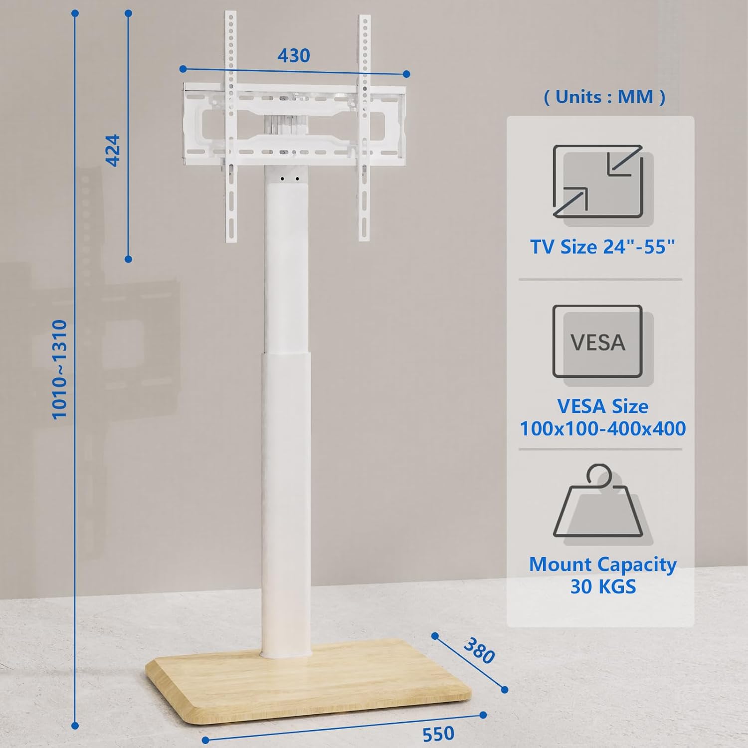 Diagram showing the overall dimensions, compatible TV sizes (24-55 inches), VESA patterns (100x100 to 400x400mm), and maximum load capacity (30 kg).