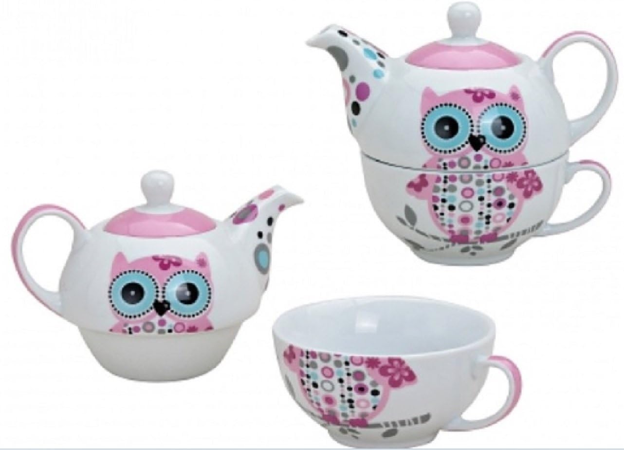 Tea set with owls motif in pink for one person Teapot & Teacup Pink Porcelain Tea Set in Gift Box Beautifully designed handle cup & handle pot for tea drinkers Tea for one cup set Tea for one