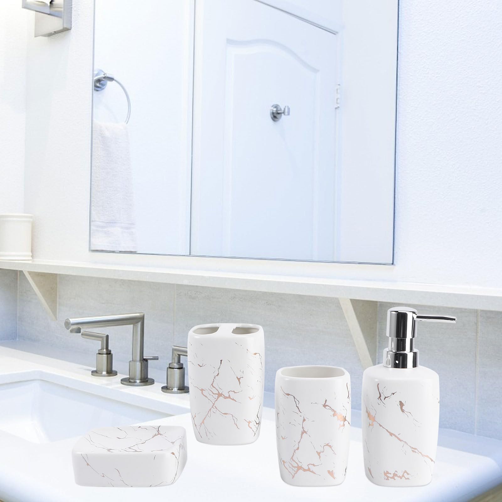 GALPADA Set Accessori da Bagno in Ceramica Bianco 4 Pezzi Porta Spazzolini e Bicchiere per Risciacquo 350ml per Uso Domestico Elegante e Facile da Pulire