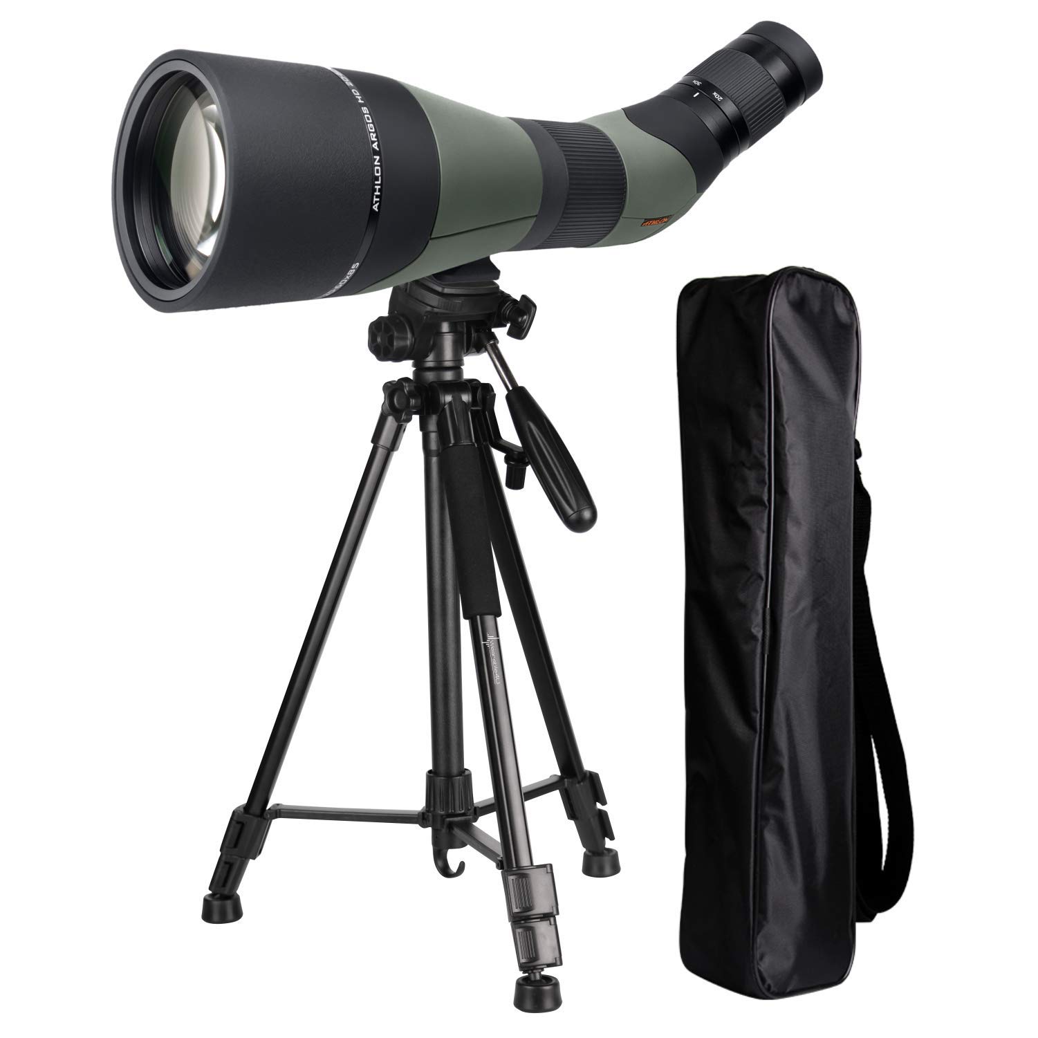 Wearable4U Аthlоn Оptiсs Argos 20-60x85 Spotting Scope - 45 Degree with Tripod and Carrying Bag Bundle (Green/Black)