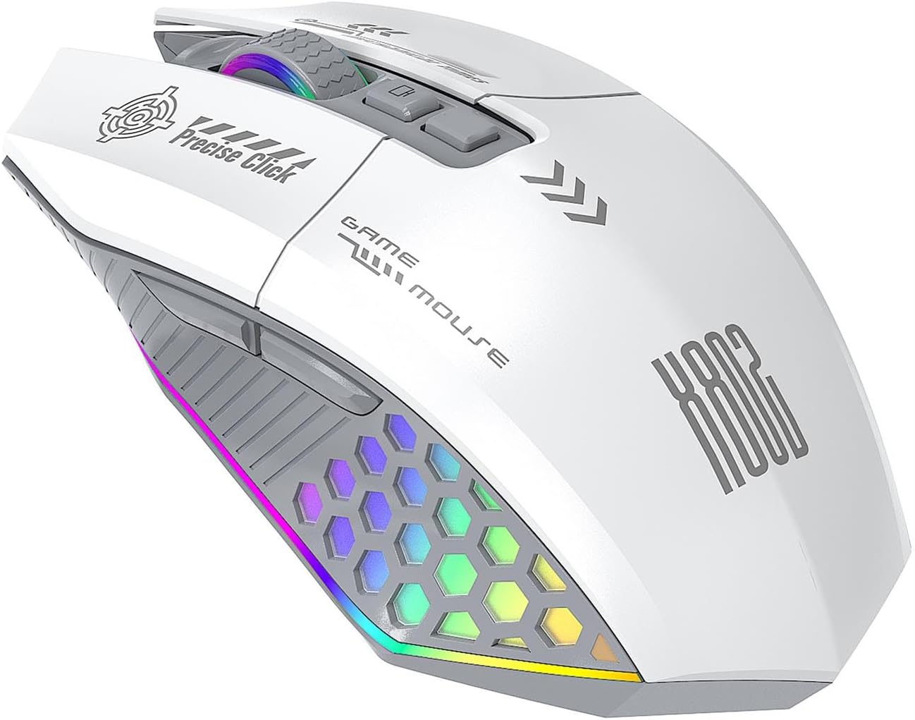 Pomya Gaming Mouse RGB, Optical Computer Mouse with Wired BT 2.4G 3 Modesfor PC, Laptop, 500mAh Battery, Ergonomic Design (White Gray)