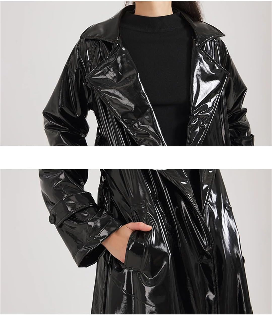 Fnfmrfmr Women Black Reflective Soft Patent Leather Trench Coat Double Breasted Pockets Extra Long Jacket