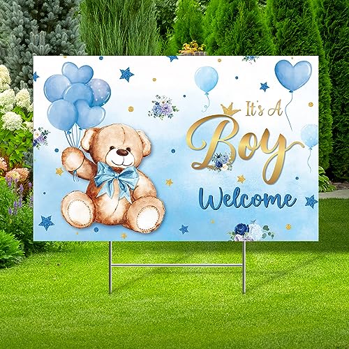 Capoda Baby Shower Yard Sign with Stake Gender Reveal Yard Sign Blue Pink Elephant Lawn Decoration Boy Girl Bear Lawn Decor Welcome Baby Announcement Decor for Outdoor Gender Reveal Party(Blue Bear)