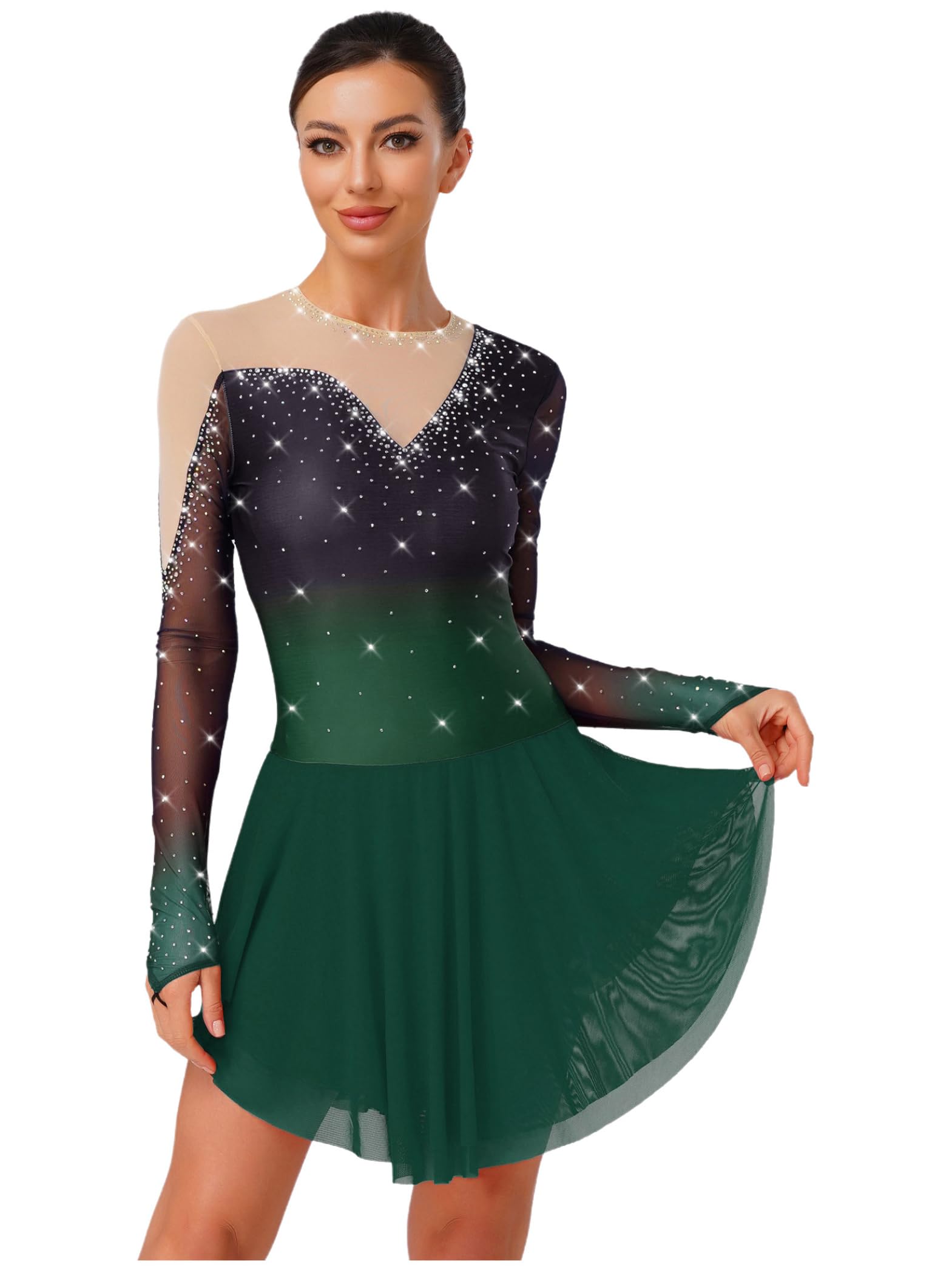 Damen Eiskunstlauf Kleid Glitzer Langarm Rollschuhkleid Farbverlauf Eislaufkleid Strass Glänzend Kürkleid Wettbewerb Tanzkostüm