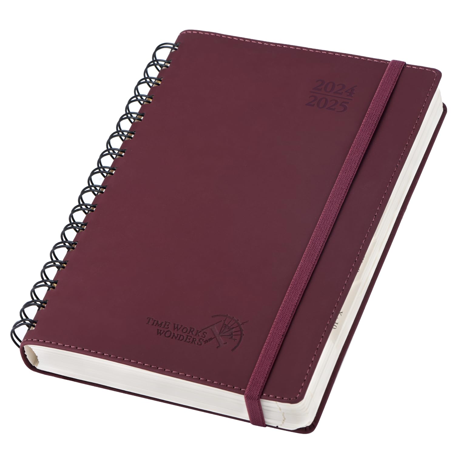 POPRUN Agenda 2024 2025 Día Por Página Espiral 21,5 x 14,5 cm, Planner Diaria con Tapa Blanda 12 Meses de Ago.2024 a Jul.2025, Banda elástica, 80 GSM Papel, Borgoña Oscuro
