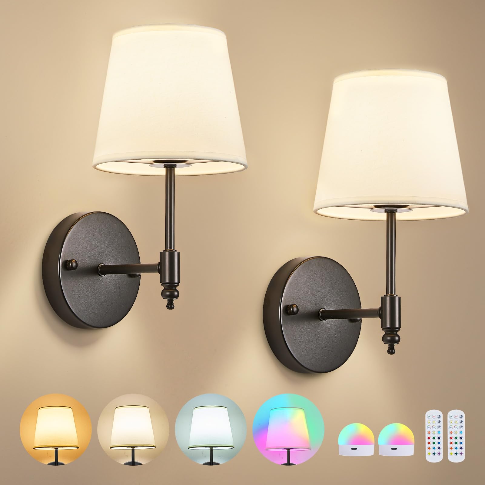 DSJK Battery Operated Wall Sconce Set of 2,Black Wireless Wall Light with Remote Control,RGB Dimmable 15 Colors,Rechargeable Bulbs Cordless Wall Lamp for Indoor Living Room
