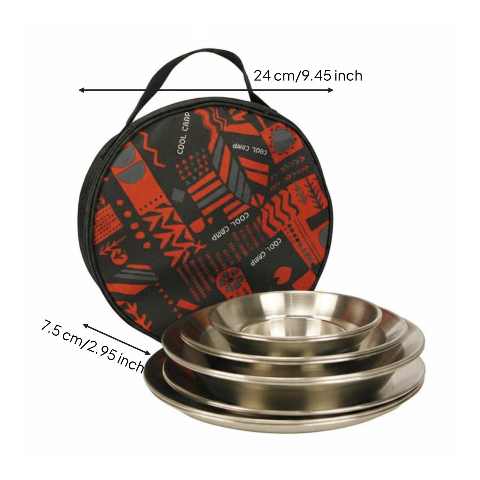 12 Pieces Vaisselle Camping en Acier Inoxydable Rond Ensemble Repas Randonnée Portable Set Couverts Plein Air