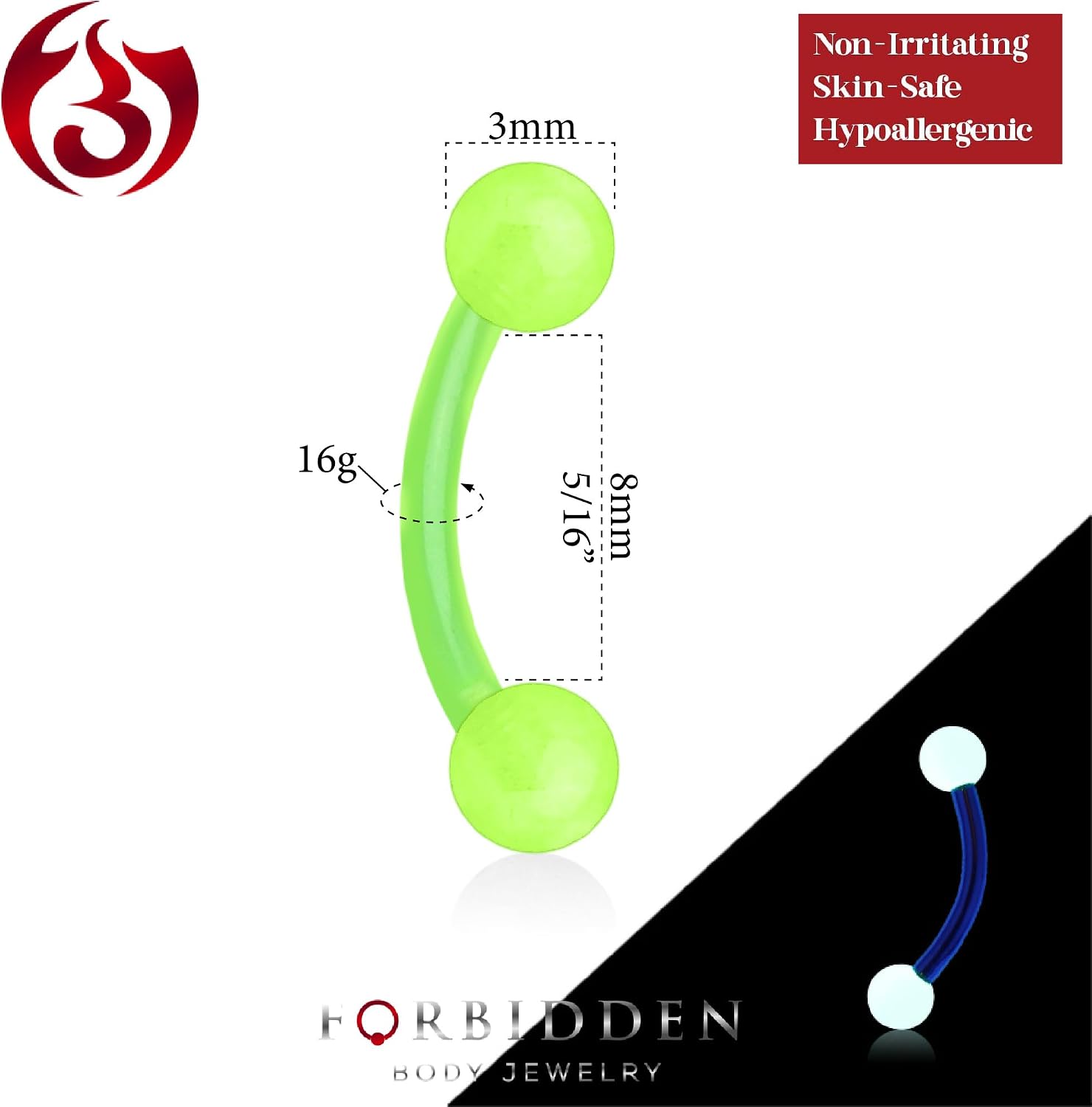 16g 8mm Daith Earring, Eyebrow Ring and Rook Piercing Jewelry, Acrylic Glow-in-The-Dark Retainer