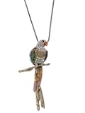 Antique Golden Tone Multicolored Tropical Parrot Bird Pendant Rope Necklace