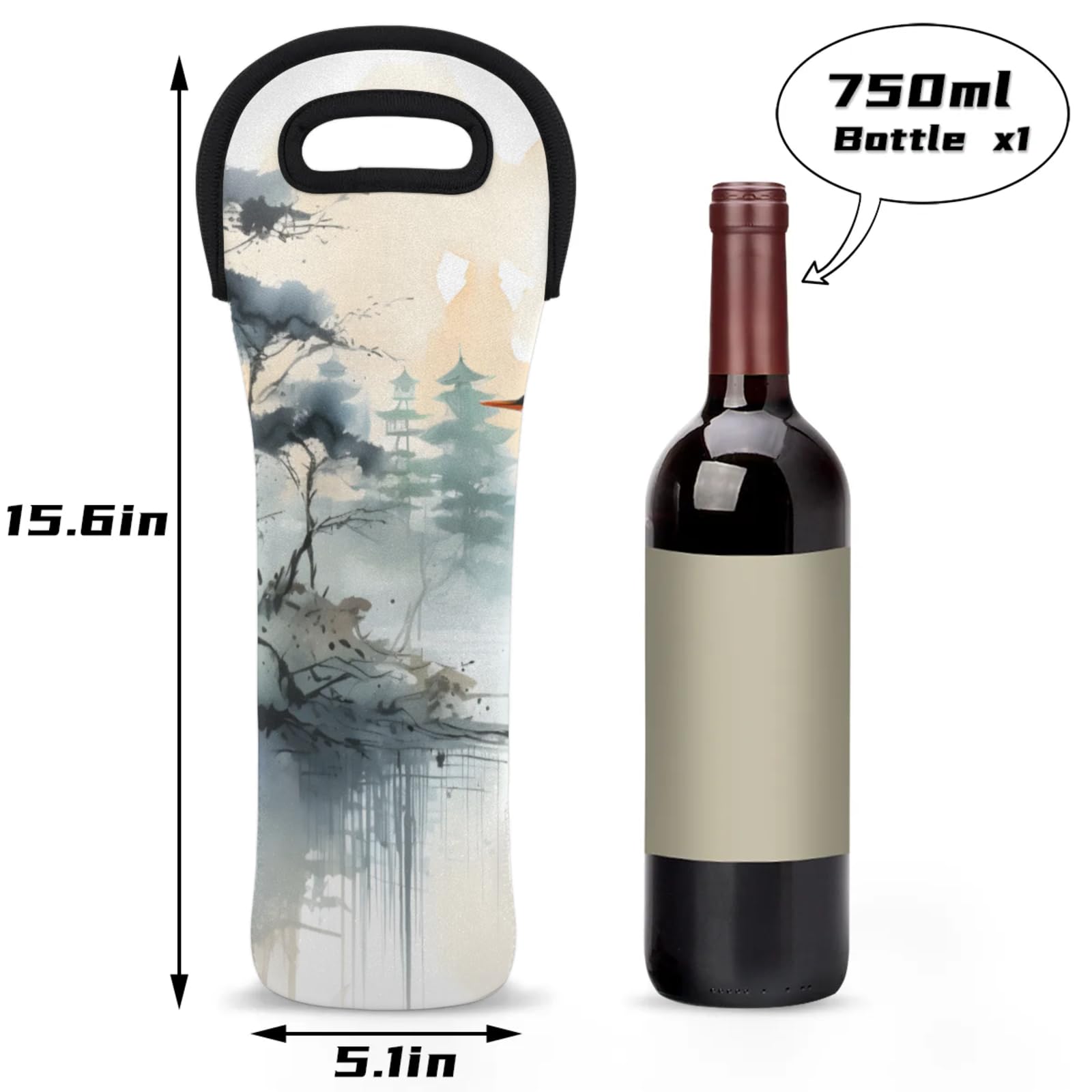 Neoprene Wine Tote Carrier Bag for Wine,Water, Champagne, Beer, Baby Bottles 15.6 x 5.1 Inches, Protective Wine Bag,Crane