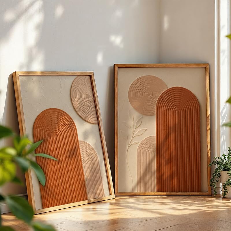 Image of NoWorries Abstract Arch Wall Painting Set of 2 with Frame | Terracotta Beige Geometric Texture Artwork, Modern Minimal Boho Wall Decor for Living Room, Bedroom, Office and Home Decoration (Art-9, 10x13inch)