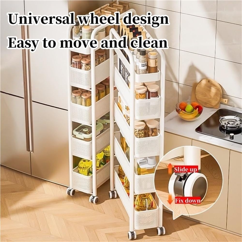 Pull-Out Gap Storage Rack with Wheels 3/4/5-Tier Carbon Steel Narrow Rolling Cabinet Organizer for Kitchen Bathroom Fridge Side Lightweight(Black,4 Tier)