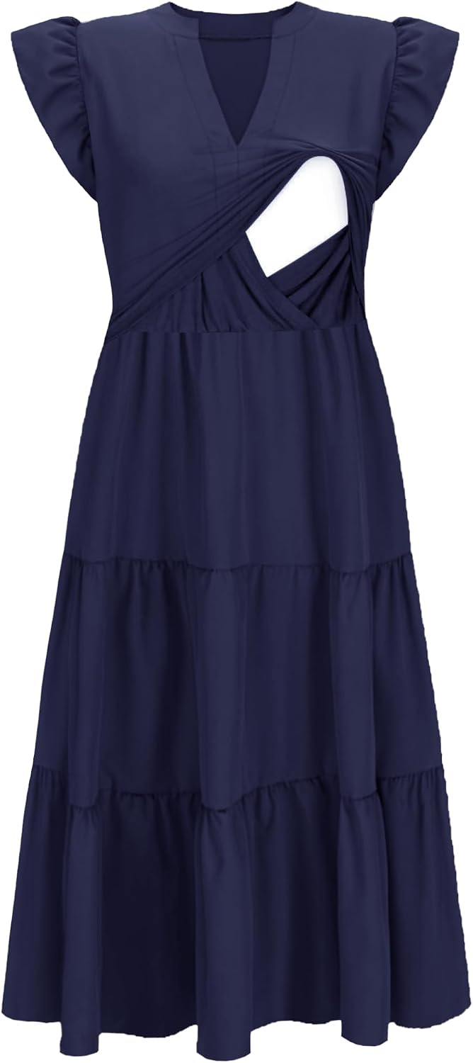 CzzzyL Womens Nursing Midi Dress Breastfeeding Summer Ruffle Sleeveless V Neck Tiered Beach Sundress with Pockets
