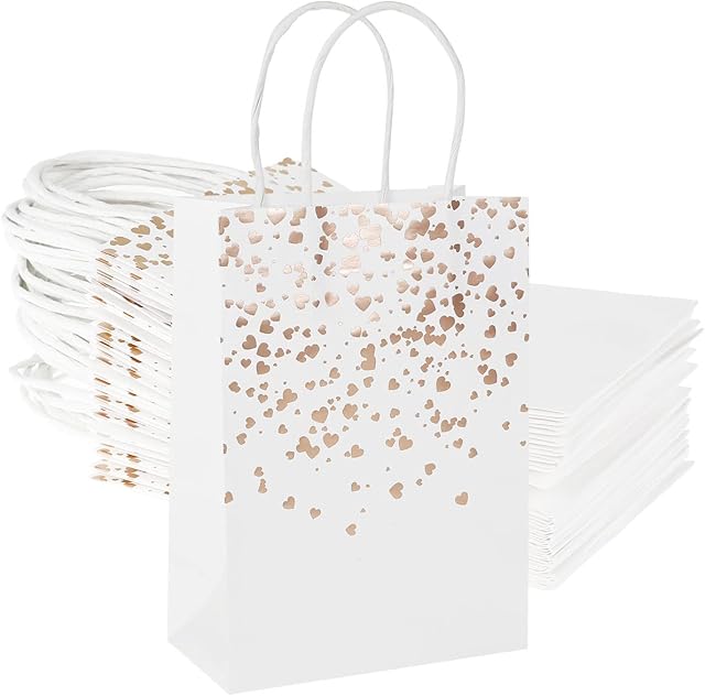 SDYGDB Paper Bags 25Pcs Gift Bags Kraft Paper Bags with Handles Party Favor Bags with Gold Star/Gold Heart Decoration Sweets Candy Bags 15x21x8 cm Party Bags for Christmas Birthday Wedding Celebration
