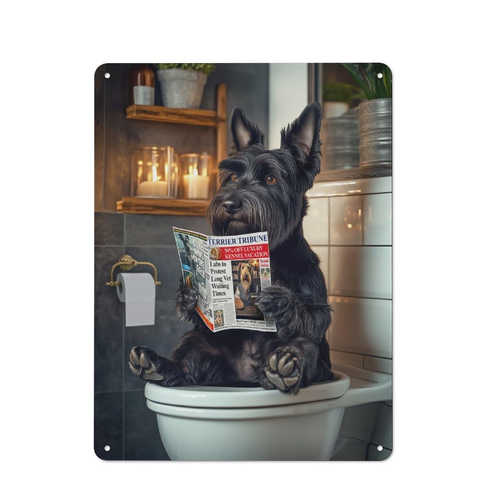 Junmoney Scottish Terrier On The Toilet Rustic Tin Wall Plaque 40X30cm For Garage Or Workshop, For Home Interiors, Feature Walls And Decorative Displays