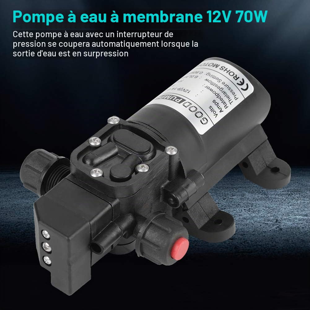 Pompe à Eau Auto-Amorçante, DC 12V 0.9Mpa 4-6L/Min Pompe à Membrane Haute Pression 70W Auto-amorçante pour Bateau Marin de Camping-car Extérieur