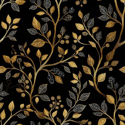 Black Gold Leaf Removable Self-Adhesive Wallpaper for Bedroom & Living Room Decor 17.7×118 Inch,Waterproof Wall Covering for Accent Walls, Apartment, Nursery