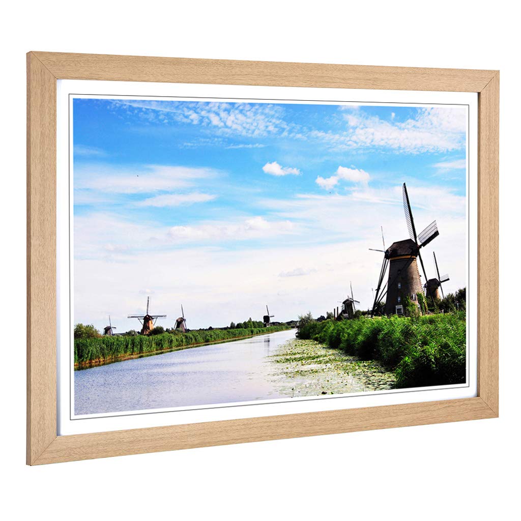 Big Box Art Framed Print of Landscape Windmills at Kinderdijk Holland Design | Wall Art Picture | Home Decor for Kitchen, Living Room, Bedroom, Hallway, Oak, A2 / 24.5x18 Inch / 62x45cm
