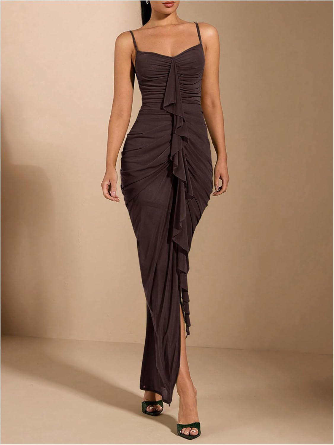 Floerns Women's Ruffle Ruched Cami Dress Draped Split Elegant Bodycon Maxi Dresses - Image 2