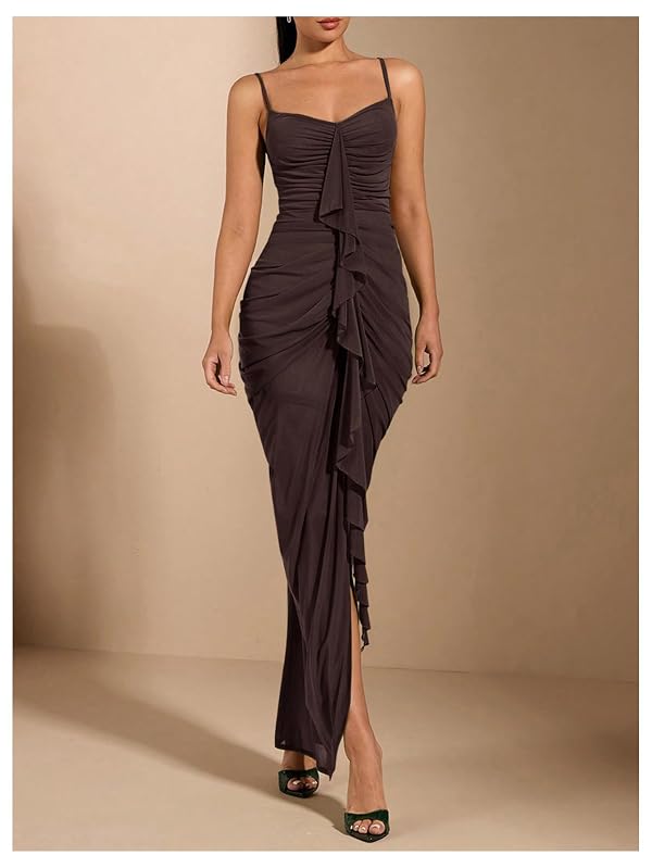 Floerns Women's Ruffle Ruched Cami Dress Draped Split Elegant Bodycon Maxi Dresses Coffee Brown Medium by Floerns - Used condition - Image 2