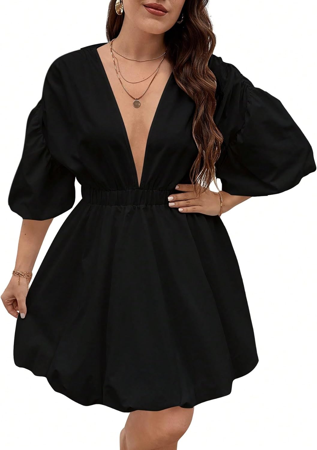 WDIRARA Women's Plus Size Deep V Neck Puff Lantern Sleeve Flowy Flare Dress A Line Mini Dress