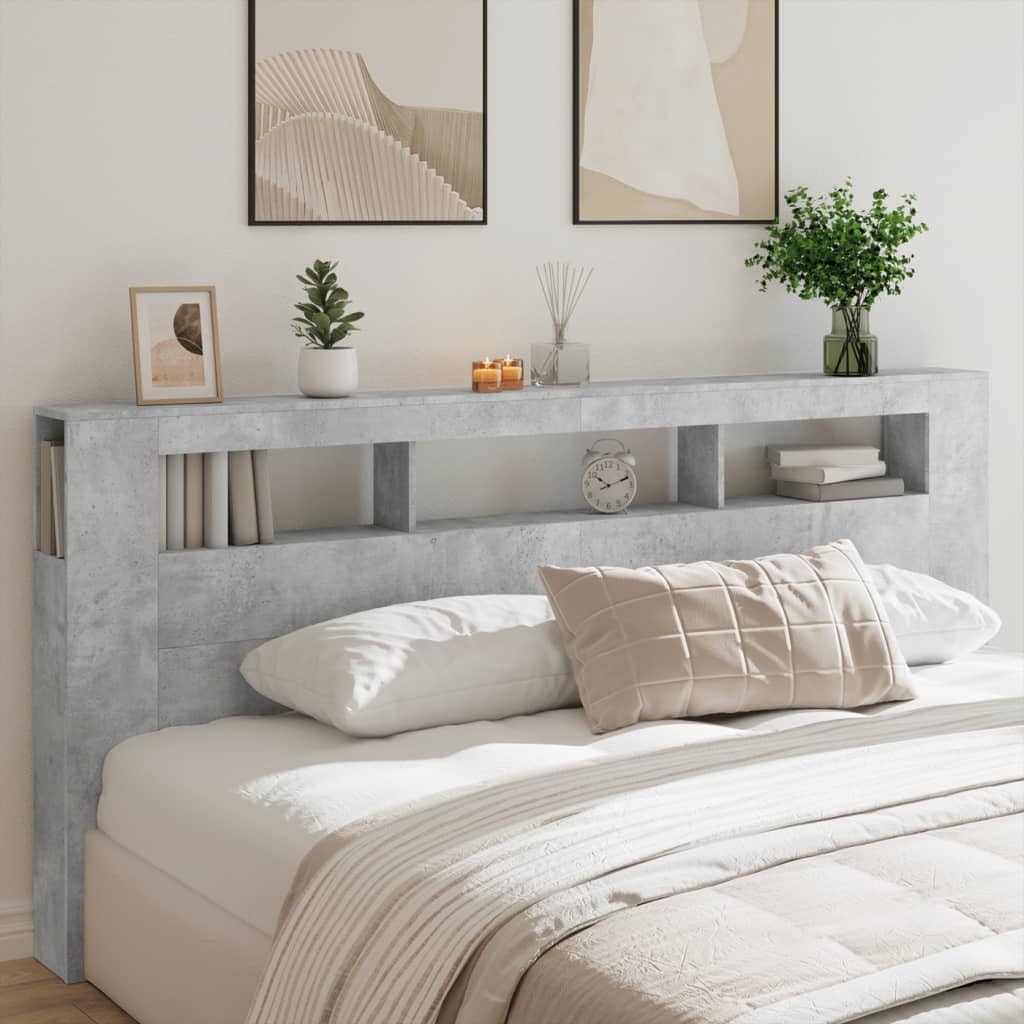 vidaXL LED Kopfteil, Bettkopfteil mit LED-Leuchten, Betthaupt mit Ablagen, Bettzubehör Schlafzimmer, Betongrau 220x18,5x103,5cm Holzwerkstoff