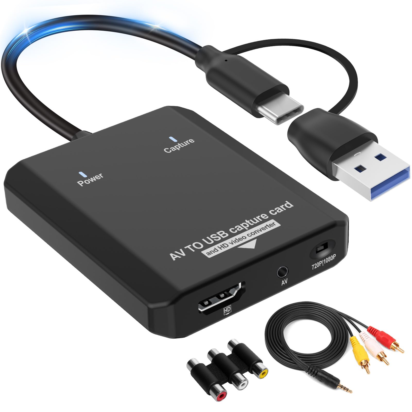 Herfair Adaptador AV a HDMI AV a digital USB tarjeta de captura analógica a digital convertidor para VHS/cámara/DVD/decodificador/Wii/PS2/consola de juegos a portátil/computadora en tiempo real