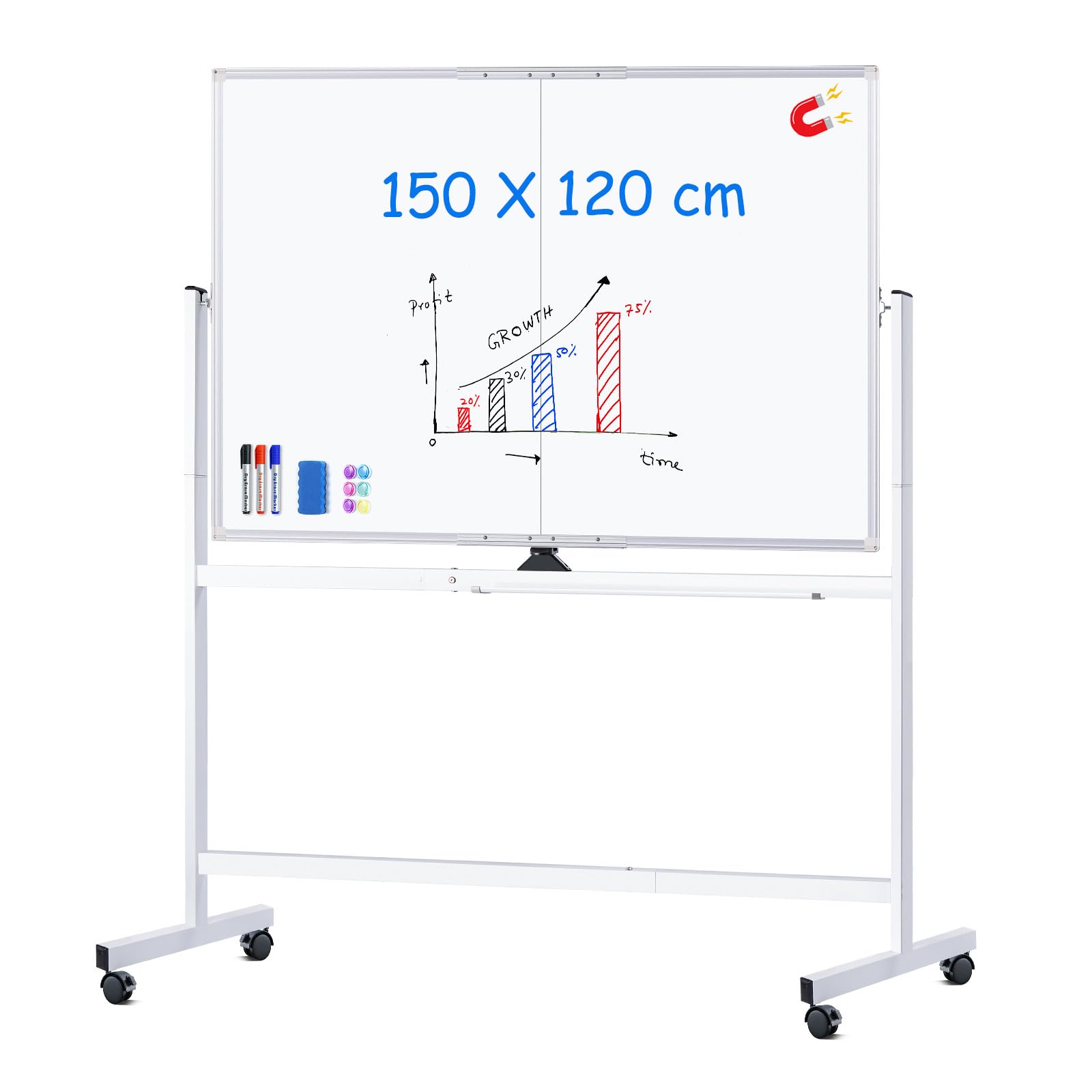 maxtek Large Whiteboard with Stand 150 x 120 cm Magnetic Flip Chart