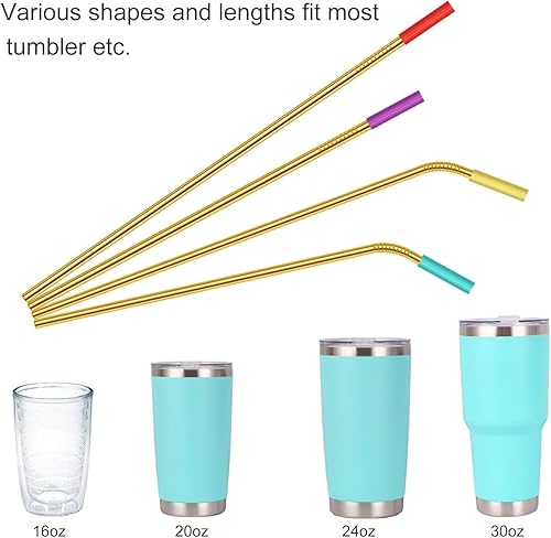 Miniatura 6 de 20 popotes de acero inoxidable reutilizables dorados, de 10.5 y 8.5 pulgadas con 20 puntas de silicona, 5 cepillos para pajillas, 1 estuche de