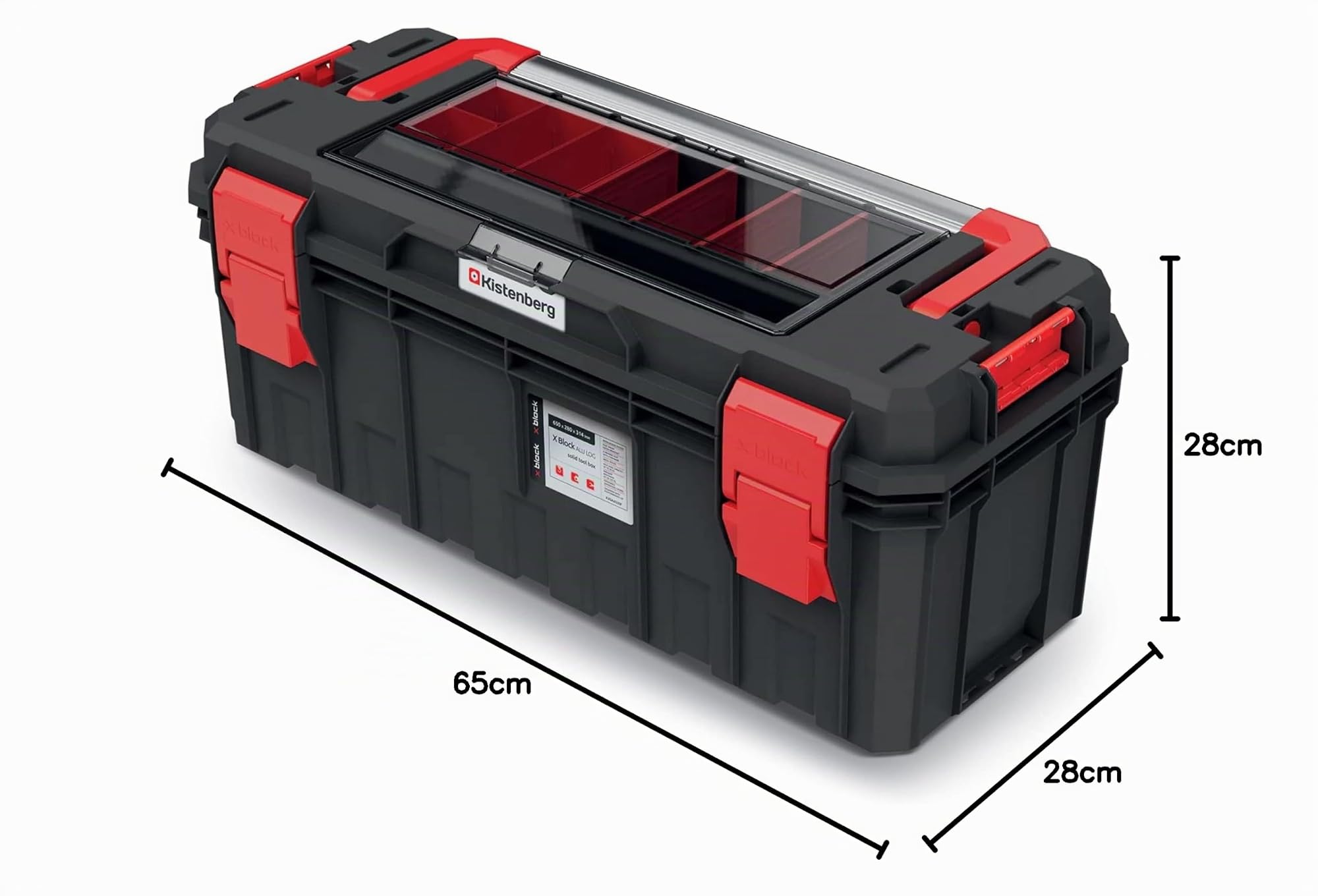 Caja de herramientas con portaherramientas con compartimentos divisorios, mango ergonómico, cierres de sujeción, plástico, 65 x 28 x 31,4 cm