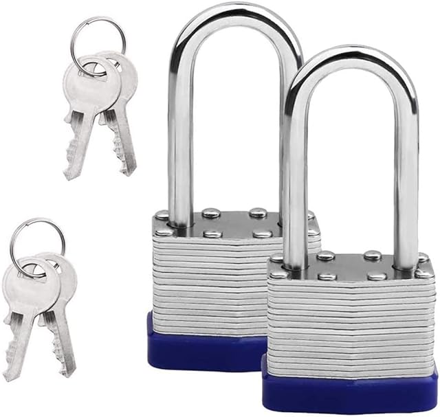 Steel Pad Lock Padlock with Keys, Long Shackle Padlock Heavy Duty Key Padlock Weatherproof Outdoor Locks Keyed Alike for Garden Shed Garage, Fence, Storage Unit Indoor Use