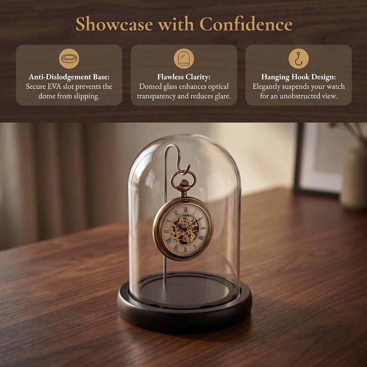 Cabilock Glass Pocket Watch Display Case with Metal Hook and Wood Base