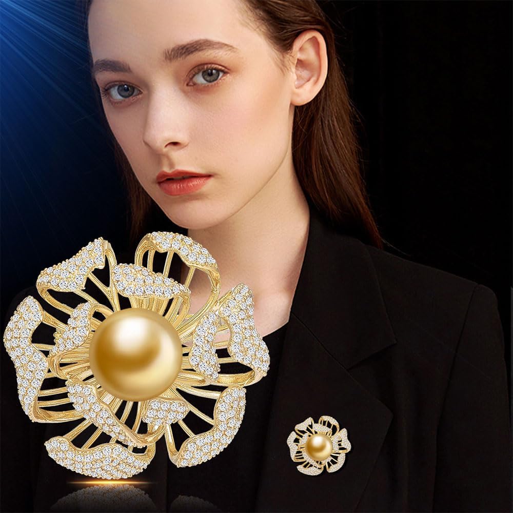 NONNYL Elegant South Sea Golden Pearl Brooch Pins Costume Jewelry For Women Fashion Christmas Gifts Wife Mom Girlfriend, Anniversary Birthday Fine Jewelry Gifts for Her NO1136