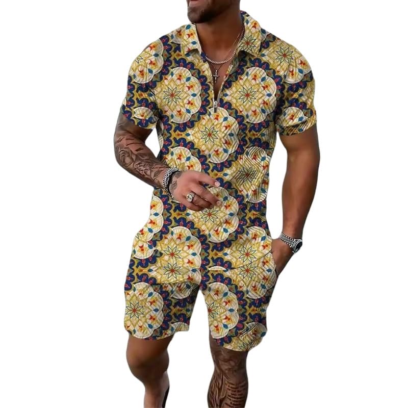 Polo zip homme à motif géométrique et short assorti ensemble été 2 pièces