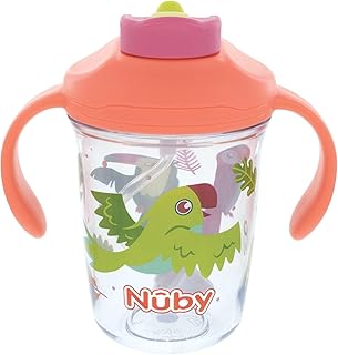 Nuby 다기능 2-in-1 컵 - 자유로운 흐름이 있는 226.8g(8온스) 유아용 컵, 360° 가중 빨대 및 단단한 - 잡기 쉬운 손잡이, 흘림 방지를 위한 플립 잇 탑 - 열대 새