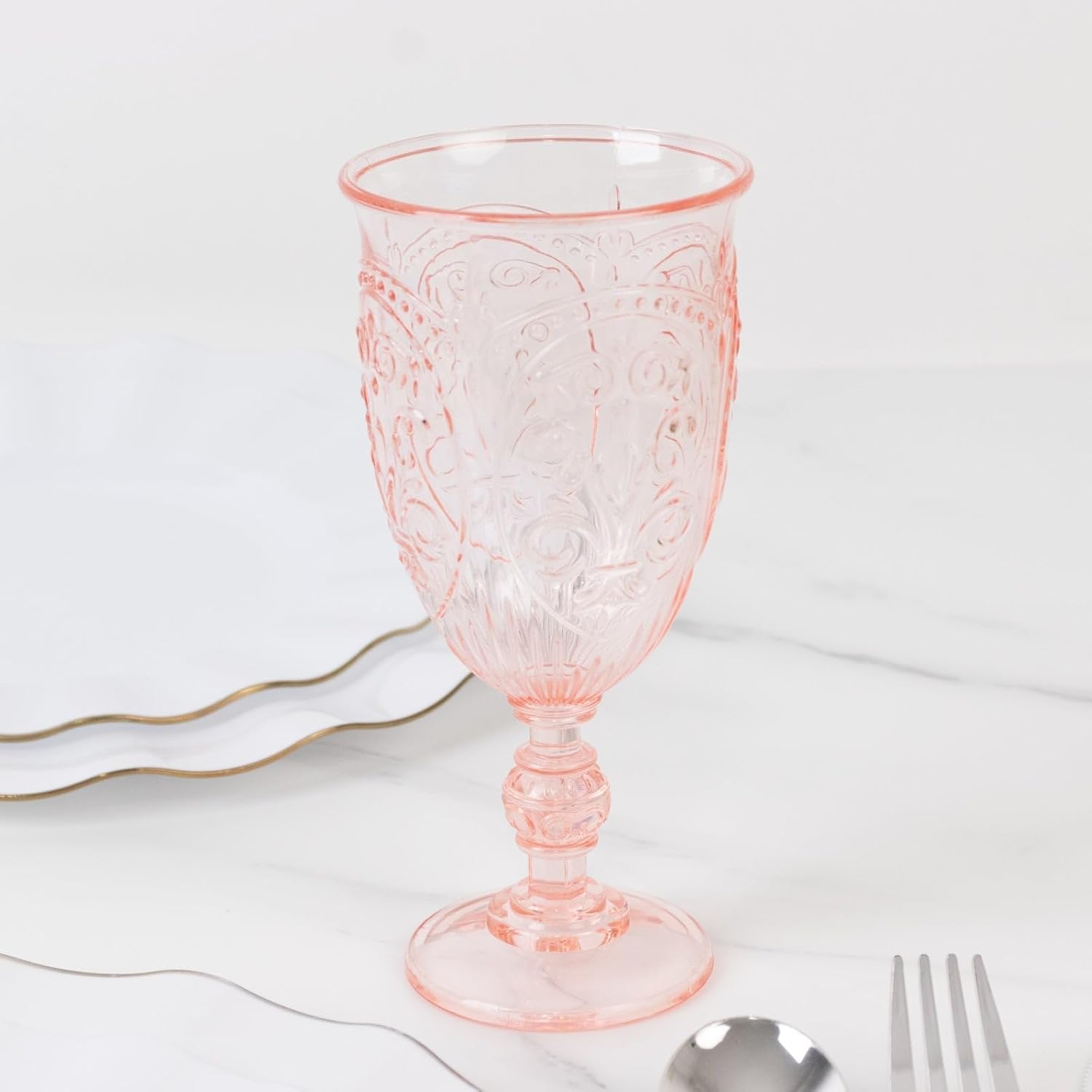 Efavormart 24-Pack Plastic Vintage Goblets – 10oz Transparent Blush Retro Embossed Wine Glasses, Elegant Water & Juice Cups - 7" Tall