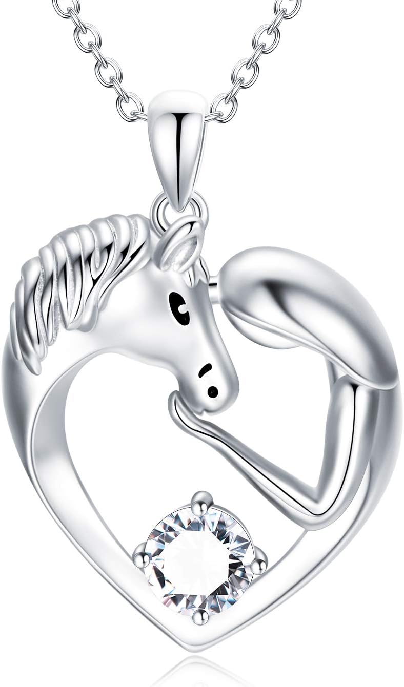 AOBOCO Horse Necklace Sterling Silver Love Heart Necklace with Birthstone Crystals, Horse Jewelry Gifts for Women Her