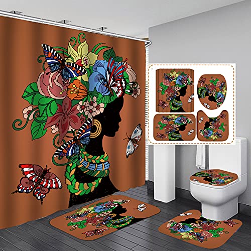 Blue Base African Fashion Girl 4 pièces Rideau de douche antidérapant Tapis de salle de bain Tapis de bain Tapis de bain Tapis de bain Beau et à séchage rapide (Indigo, 180 x 200 cm) Cover