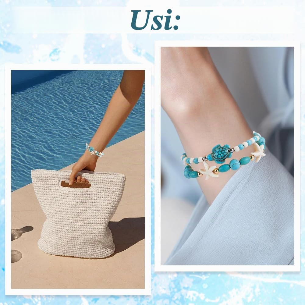 SUNNYCLUE 1 scatola 8 pezzi 5 stili Braccialetti Turchesi per Donne Braccialetti Oceano per Donne Alla Moda Turchese Sintetico Multistrato Bianco Blu Tartaruga Mare Spiaggia Set di Gioielli con Perlin