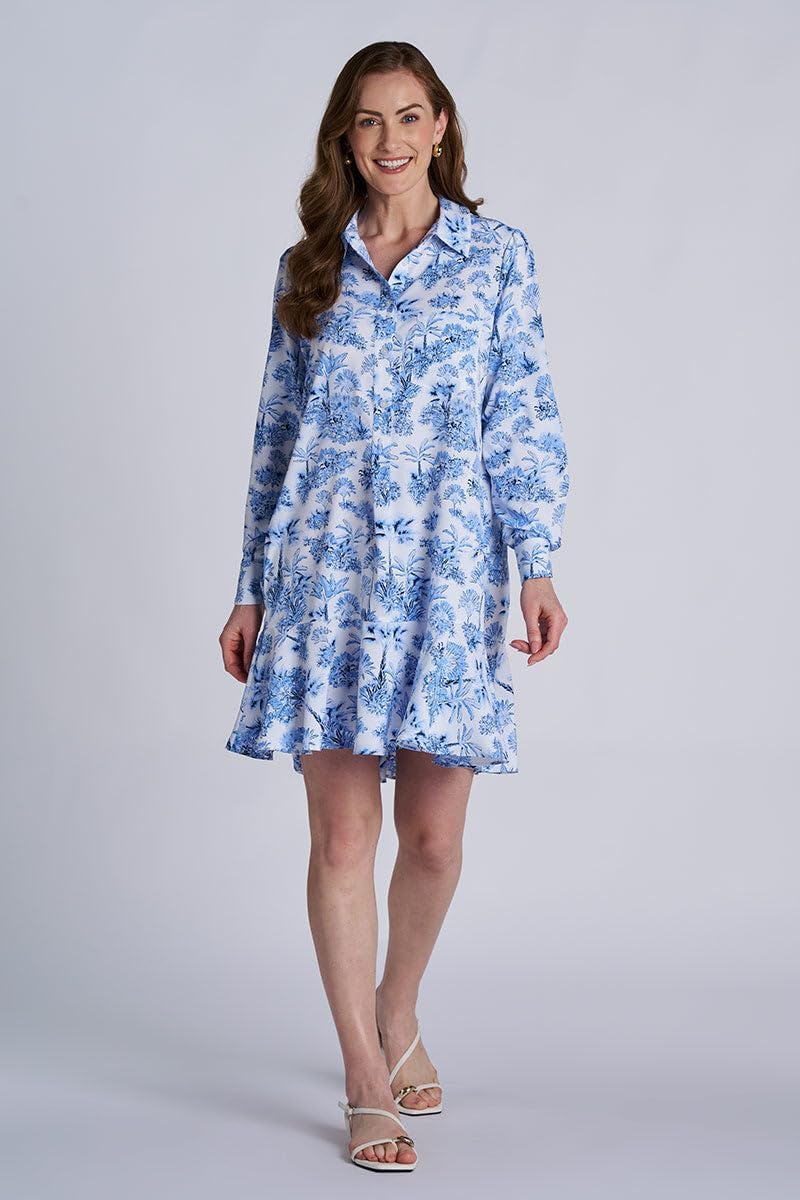 Short Flared Shirt Dress with Long Sleeves - UPF 50+ Sun Protection - Castaneda