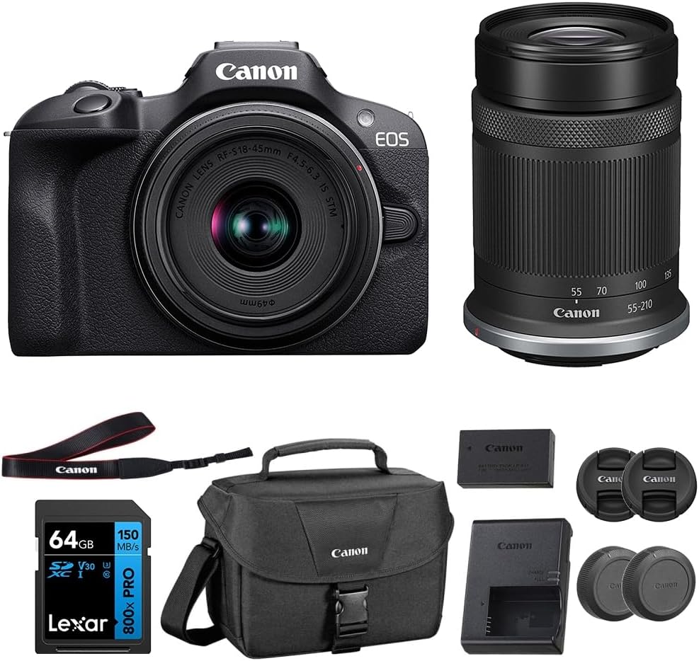 Canon EOS R100 Mirrorless Camera with RF-S18-45mm F4.5-6.3 IS STM Lens & RF-S55-210mm F5-7.1 IS STM, 24.1 Megapixel (APS-C Sensor) | Black Bundled with 64GB Memory Card & Camera Shoulder Bag (3 Items)
