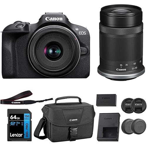 Canon EOS R100 Mirrorless Camera with RF-S18-45mm F4.5-6.3 IS STM Lens & RF-S55-210mm F5-7.1 IS STM, 24.1 Megapixel (APS-C Sensor) | Black Bundled with 64GB Memory Card & Camera Shoulder Bag (3 Items)